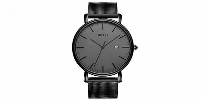 Burei moda masculina minimalista relógio de pulso analógico data com pulseira de malha de aço inoxidável