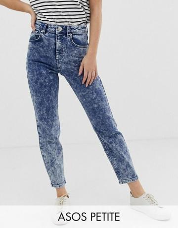 Asos Design Petite Geri Dönüşümlü Farleigh Yüksek Bel İnce Mom Jeans Parlak Mavi Grenli Asit Yıkama