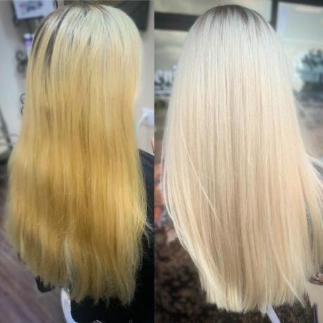Toner violet sur cheveux blonds avant et après