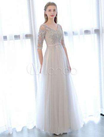 Maturalne haljine Dugačko svijetlo siva V izrez čipka na pola rukava Perle krilo Duljina do poda od tila Svečana haljina
