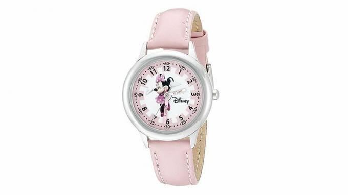 Relógio Disney Kids 'W000038 Minnie Mouse Time professor de aço inoxidável com pulseira de couro rosa
