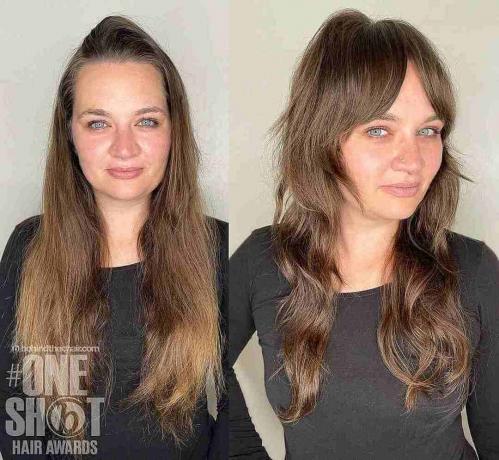 Shag με στρώσεις που πλαισιώνει το πρόσωπο σε γυναίκες άνω των 50 ετών με μακριά μαλλιά