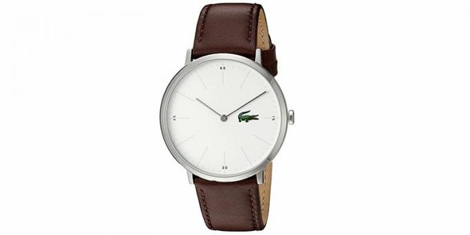Relógio masculino Lacoste de aço inoxidável de quartzo com pulseira de couro de bezerro, marrom, 20