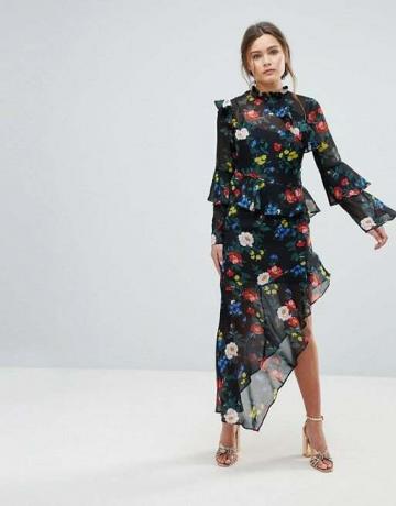 Midi haljina Miss Selfridge s cvjetnim printom i asimetričnim volanima s detaljima