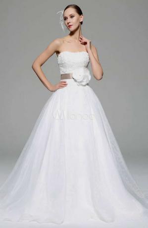 Ivory Wedding Dress Strapless Sash Flowers Taffeta Organza Wedding Gown