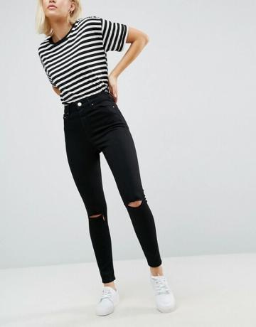 Asos Design Ridley skinny jeans med hög midja i ren svart med rivna knän
