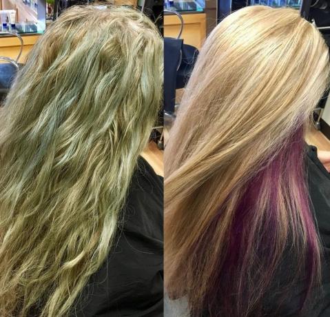 Žali plaukai po balinimo namuose spalvos korekcijos