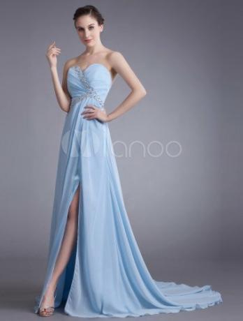 Chiffong kveldskjole babyblå kjæreste stroppeløs gallakjole sexy høy splittet formell kjole med kapelletog