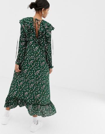 Ghospell – Midi-Smock-Kleid mit Rüschensaum in Ditsy Floral
