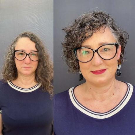 lockigt bobklipp för kvinnor i sextioårsåldern med glasögon