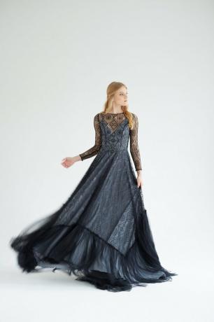 레이스 웨딩 드레스:: 10월: 얇은 명주 그물 웨딩 드레스, 실크 신부 가운, 블랙 웨딩 드레스, 블랙