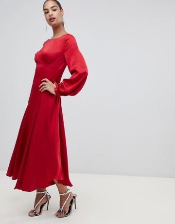 Forever New Satin Maxi Dress Dengan Belahan Paha Warna Merah