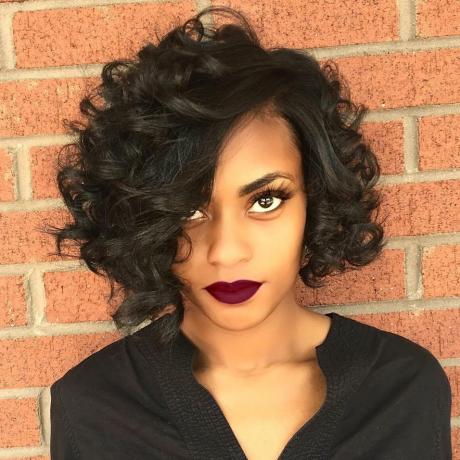 Black Curly Side Parted Bob