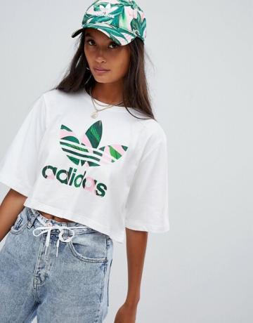 Adidas Originals X Farm Cropped T -paita, jossa Trefoil -logo valkoisena