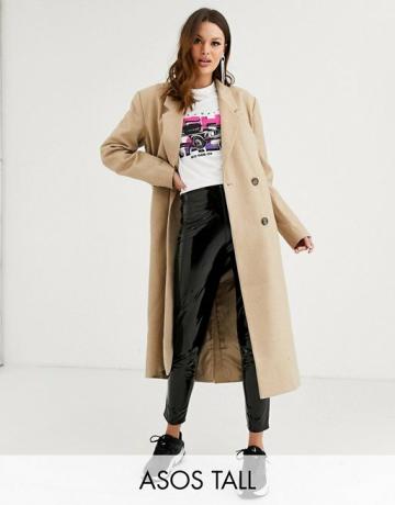Asos Design Tall Double Breasted Longline Coat I Camel