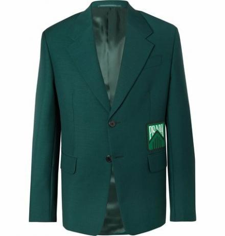 Blazer in misto lana e mohair verde bottiglia slim fit con logo applicato