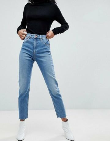 Asos Design Farleigh Yüksek Bel İnce Mom Jeans Oldukça Parlak Orta Yıkama