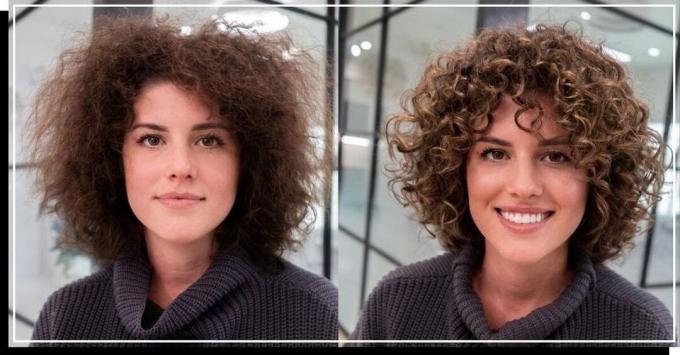 Ennen ja jälkeen DevaCut pörröisille kiharoille hiuksille