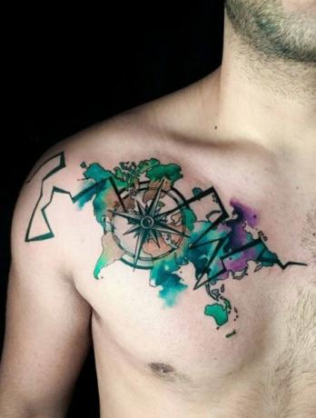 Akvarell kompass tatuering