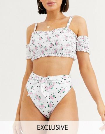 Peek & Beau ekskluzīva Eco bikini apakšdaļa ar augstu vidukli ar jostu ziedu polkā