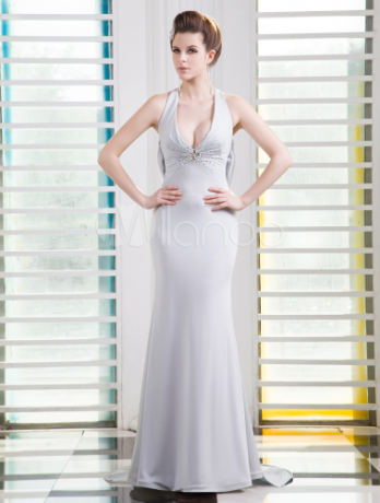 Seksi svjetlo škriljevca Sivo Duboko V izrez sa perlicama Sirena Satenska večernja haljina Milanoo