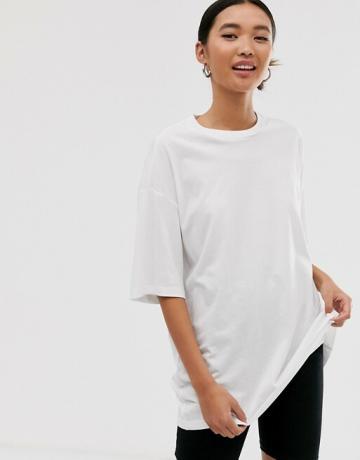 „Monki“ negabaritiniai ilgų marškinėlių baltos spalvos marškinėliai
