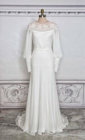 Rochie de mireasă din mătase simplă cu maneci lungi Georgette cu jug de umăr: rochie de mireasă vintage: rochie romantică