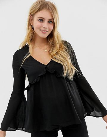 חולצת שרוול בל אמיצה עם נשף ופרטי פרווה בצבע שחור