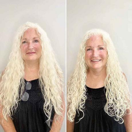 Erittäin pitkät kiharat hiukset yli 60-vuotiaalle naiselle