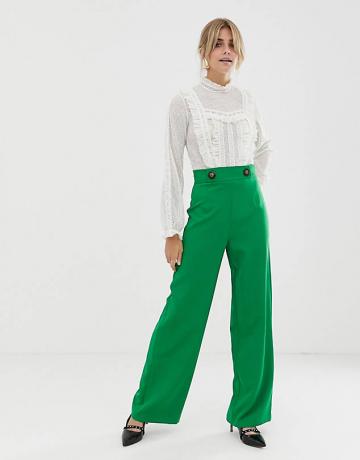 Zielone spodnie Miss Selfridge z szerokimi nogawkami i guzikami