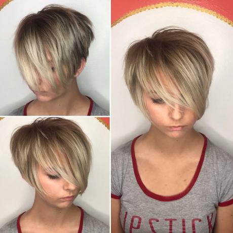 Short Shaggy Pixie with Blonde Balayage และ Long Bangs