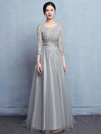Tyllmor kjole Sølv Aftenkjole Blonder Applikert Beading Illusjon Brudekjoler med tog
