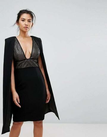 Misha Collection Structured Sequin Midi Dress Cape Overlay