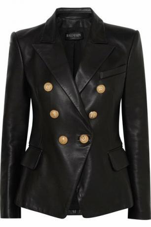 Двубортный кожаный пиджак Balmain Черный