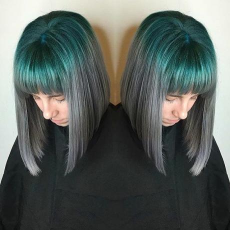 Teal To Gray Lob with Bangs