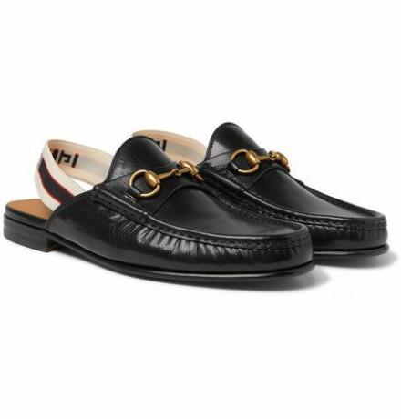 Webbing Trimmed Leather Backless Loafers