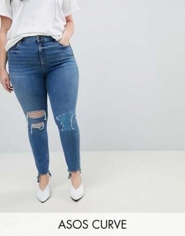 Asos Design Curve Ridley High Waist Skinny Jeans สี Tana Extreme Mid Wash พร้อม Busted Knee And Rip & Repair Detail