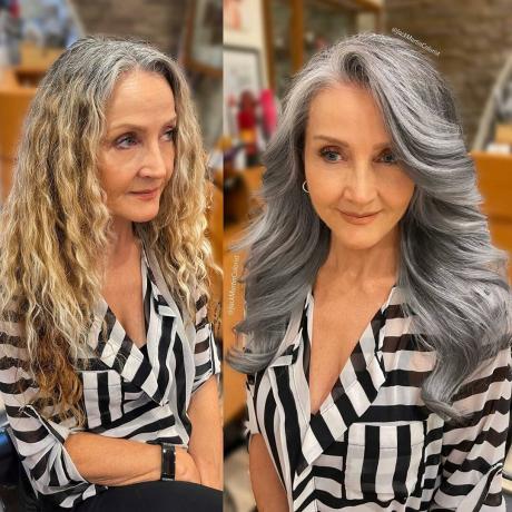 Kvinne lang grå frisyre