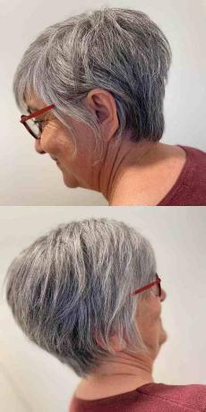 Kapeneva pitkä pixie harmaissa hiuksissa yli 70-vuotiaille naisille