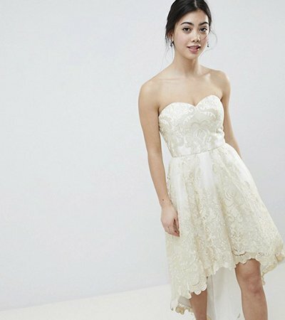 Chi Chi London Petite Premium Lace Bardot Prom Dress Extreme High Low Hem