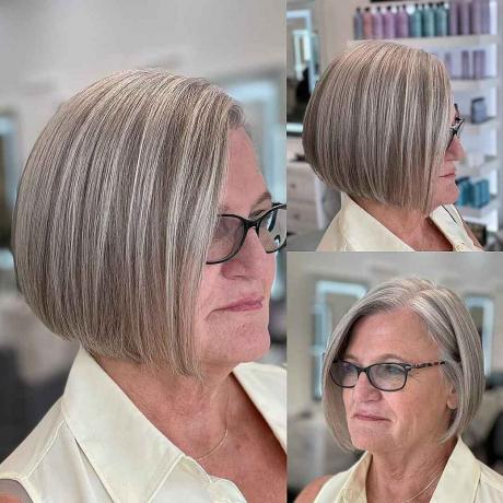 Стрижка боб до подбородка для женщин старше 60 лет в очках