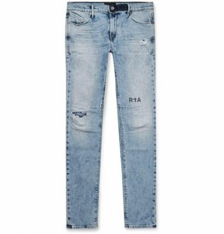 1 Skinny Fit Jeans aus Stretch-Denim in Distressed-Optik mit Print