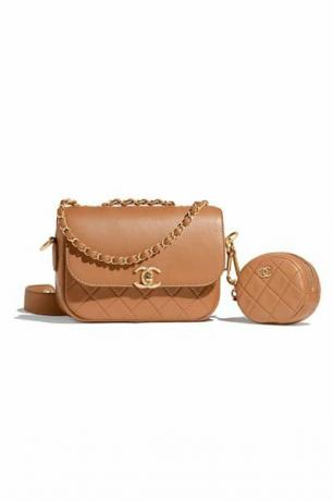 Peňaženková taška a kabelka na mince, teľacia koža a zlatý tónový kov, béžový Chanel