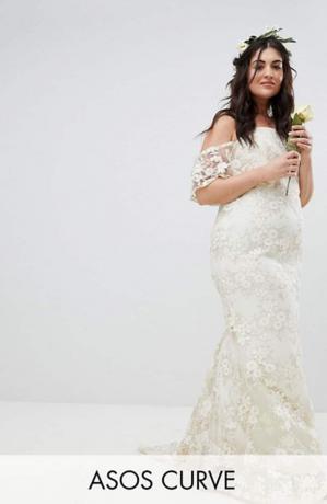 Vestido de novia largo palabra de honor de encaje floral Curve Edition de Asos