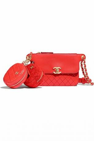 Bolsa de cintura e porta moedas, couro de bezerro, tweed de lã e metal dourado, Chanel vermelho