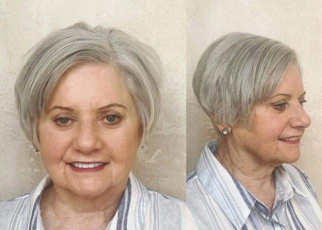 Taglio di capelli corto snellente per donne over 60 con viso tondo