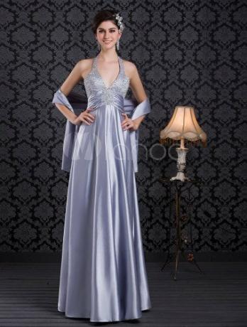 Baby Blue საღამოს კაბა Halter Beading Party Dress V Neck Backless Satin Long Prom Dress