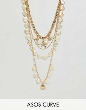 Asos Design Curve Exkluzívny viacradový náhrdelník so škrupinou a perličkami v zlatej farbe