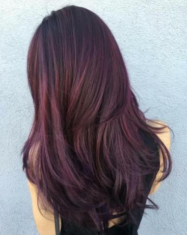 Cheveux noirs avec balayage violet et brun