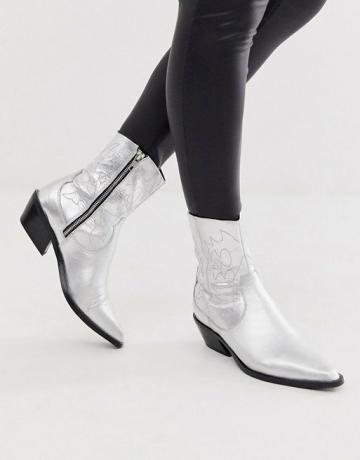 Asos Design jesienne skórzane kowbojki w kolorze srebrnym